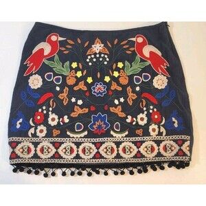 Umgee mini Skirt Floral Bird Embroidered Lined Boho pompoms 29x16